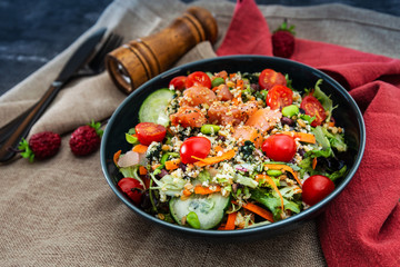 Salmon salad Gourmet cereals Cooked soy beans Cucumber Carrots