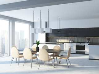 White and wooden loft kitchen corner, table