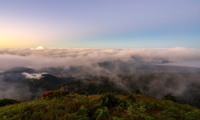 foggy morning at kew mae pan hill and sunrise sky