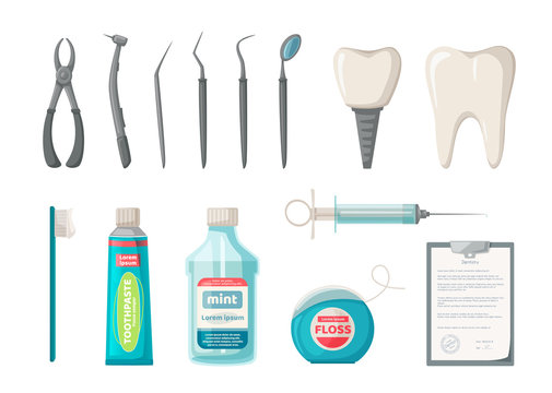 Set of dentist's tools. Vector cartoon illustration. Clear teeth concept