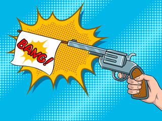 Pistol with white flag comic book pop art vector