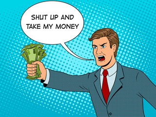 Shouting man and money pop art vector illustration