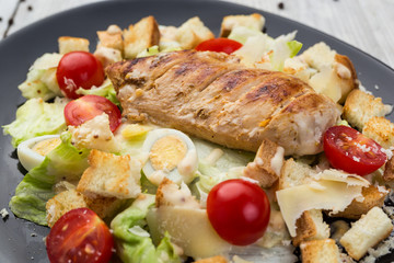 Healthy Grilled Chicken Caesar Salad with Cheese, Croutons and Cherry Tomatoes