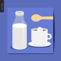 Simple things - glass bottle of milk, wooden spoon and a cup of coffee or hot chocolate with marshmallow floating in it, summer postcard, vector illustration