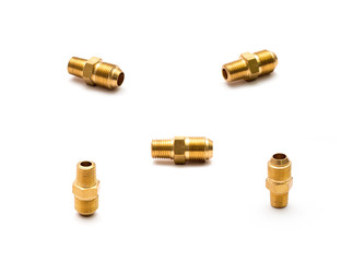 Hardware parts brass fitting: 45° flare male joiner connector for air oil water gas on white background