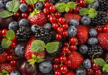 Ripe blackberries, blackberries, strawberries, red currants, peaches and plums. Mix berries and fruits. Top view. 