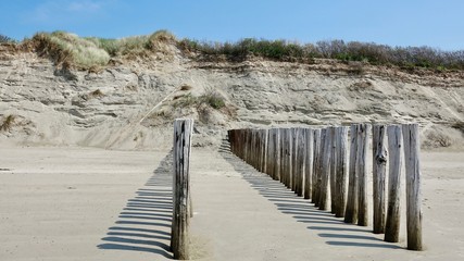 Fototapeta premium Wellenbrecher aus verwitterten Holzbstämmen an der Nordsee