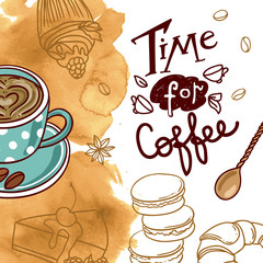 Beautiful hand drawn vector illustration coffee and sweets. 