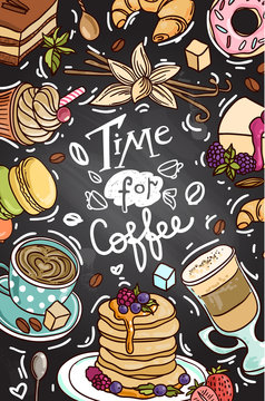 Beautiful hand drawn vector illustration coffee and sweets. 