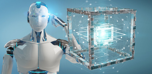 White robot creating future technology structure 3D rendering