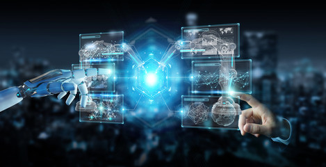 White robot hand using robotics arms with digital screen 3D rendering