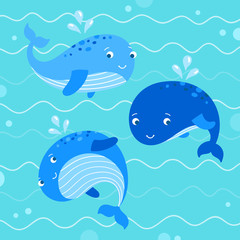 Naklejka premium Cute whales illustration. Whales swimming in the ocean. Sea creatures cute fishes
