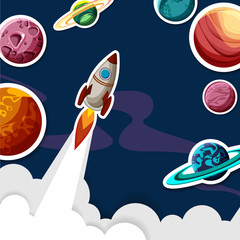 Blue background with colorful space pattern.