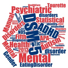 DSM- 5 word cloud concept - Mental Health background red and blue