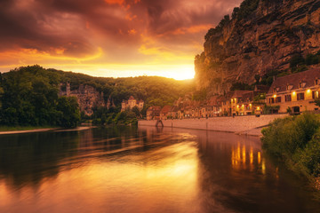Sunset at Village of La Roque Gageac in Dordogne department in France