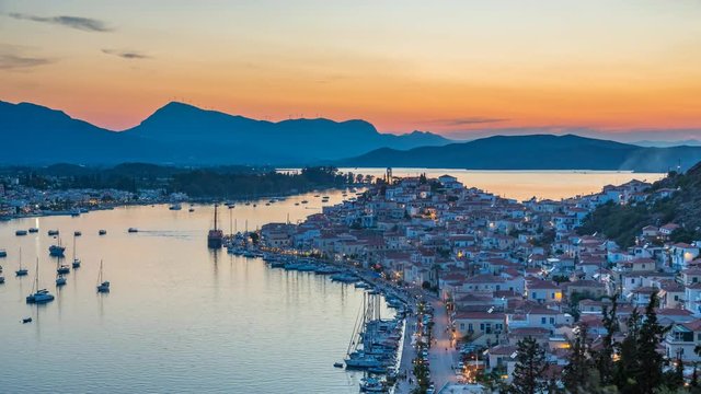 Panoramic aerial view of Poros, Greece - Timelapse of summer sunset