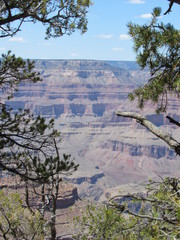 Grand Canyon views as seen from the South Rim Trail on a sunny day with blue sky and some clouds 