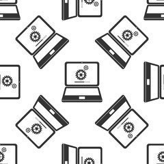 Laptop update process with gearbox progress and loading bar icon seamless pattern on white background. System software update. Loading process in laptop screen. Flat design. Vector Illustration