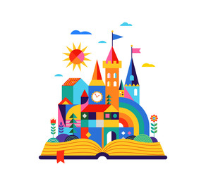 Open book with geometric fairy tale kingdom, knight castle, children room, class wall decoration