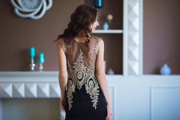 Beauty brunette model woman in elegant evening dress. Beautiful fashion luxury makeup and hairstyle. Seductive girl silhouette in classic interior.