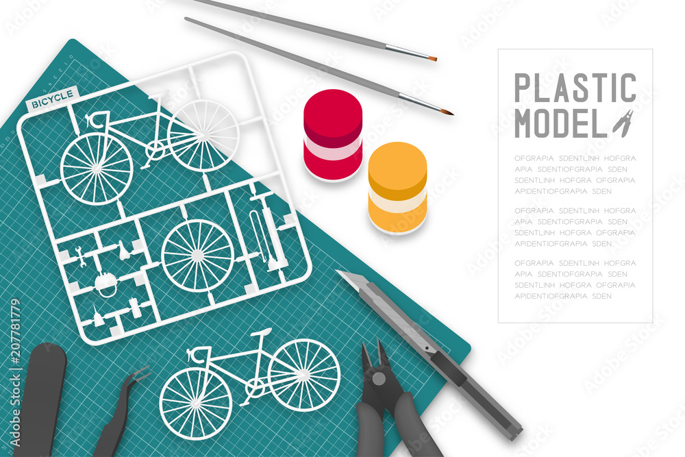 Wall mural plastic model with tool kit on cutting mat, bicycle concept design illustration isolated on white ba