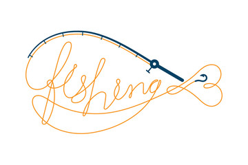 Fish text made from Fishing rod frame Fish shape, logo icon set design orange and dark blue color illustration isolated on white background with copy space