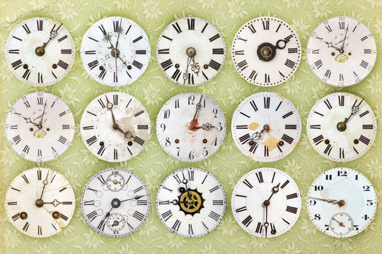 Pattern of different antique weathered clocks