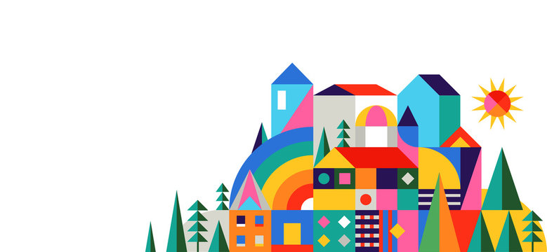 Geometric fairy tale kingdom, knight castle. Children room, class wall decoration