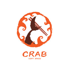 Fish tail holding chopsticks in wave frame circle shape, logo icon set brush design orange color illustration isolated on white background with Crab text and copy space