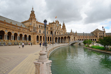 Seville, Spain - May 25, 2018: Plaza de España in Seville with the building of the National Geographic Institute in the background.