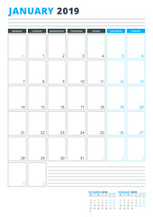 Calendar Template for January 2019. Business Planner Template. Stationery Design. Week starts on Monday. Portrait orientation. Vector Illustration