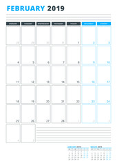 Calendar Template for February 2019. Business Planner Template. Stationery Design. Week starts on Monday. Portrait orientation. Vector Illustration