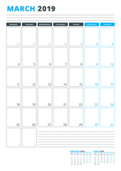 Calendar Template for March 2019. Business Planner Template. Stationery Design. Week starts on Monday. Portrait orientation. Vector Illustration