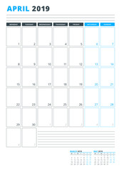 Calendar Template for April 2019. Business Planner Template. Stationery Design. Week starts on Monday. Portrait orientation. Vector Illustration