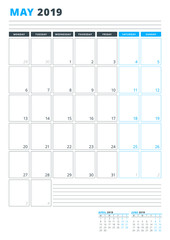 Calendar Template for May 2019. Business Planner Template. Stationery Design. Week starts on Monday. Portrait orientation. Vector Illustration