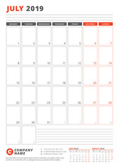 Calendar Template for July 2019. Business Planner Template. Stationery Design. Week starts on Monday. Portrait orientation. Vector Illustration