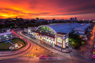 Bangkok cityscape at sunset. Bangkok Station in English.Hua Lamphong is the informal name of the station, used by both foreign travellers and locals.