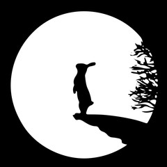 Black silhouette of a hare on its hind legs, on the edge of a cliff at dawn or sunset, square icon,