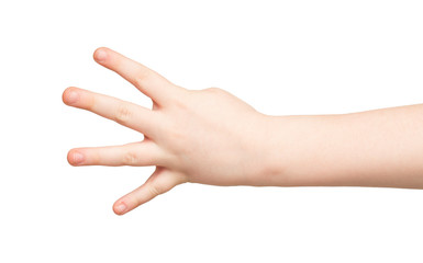 Kid hand shows number four on white background