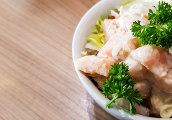 Obraz na płótnie Canvas Salmon Salad Japanese food With Parsley on White Plate.