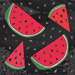 Sweet juicy Watermelon. Summer exotic food. Beautiful hand drawn illustration of fruits on chalkboard background