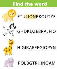 Educational game for children. Word search puzzle kids activity. Learning vocabulary animals theme for toddlers