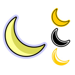 Simple flat icon of the half moon in several variations. Cartoon vector illustration of a lunar crescent can be used as element of logo, a button on website or other design, embroidery and engraving
