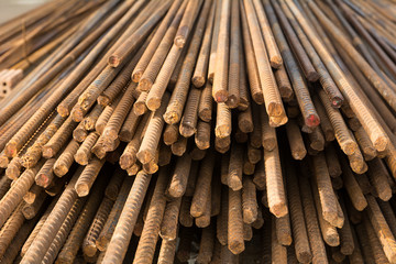 Rusty steel bar or steel reinforcement bar texture in construction site, Reinforcing Steel Bar background