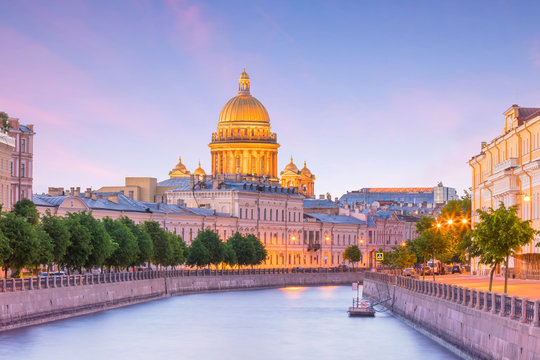 Saint Isaac Cathedral across Moyka river in St. Petersburg