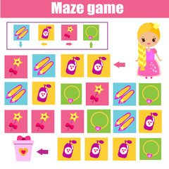 Maze children game: help princess find way. Kids activity sheet. Logic game with code and cipher navigation