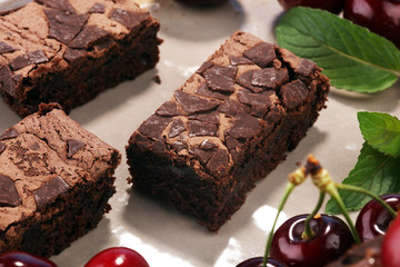 homemade chocolate brownies on rustic table. brownie bakery.