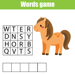 Educational children game. Word search puzzle kids activity. Learning vocabulary and animals