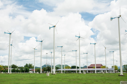 Wind turbines in cloudy days , Windmills for electric power production at "Chang-Hua-Mun” Royal Initiative Project,Thailand