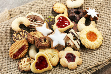 Mixed Christmas cookies. Colorful mix of Christmas-themed decorated cookies
